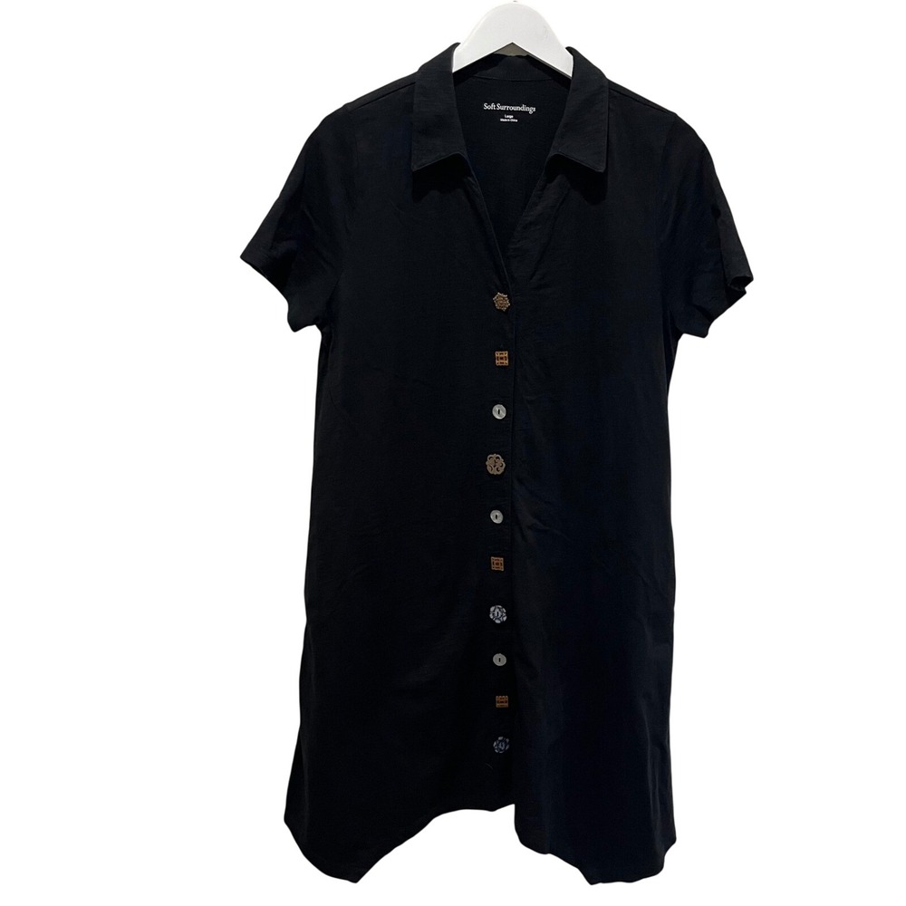 Soft Surroundings Danielle Shirt Dress Large Black Artsy Buttons Lagenlook